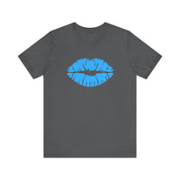 Blue Lips Kiss Print Unisex Tee, Casual Wear, Gift for Her, Valentine's Day Shirt, Fun Graphic Top, Everyday Style