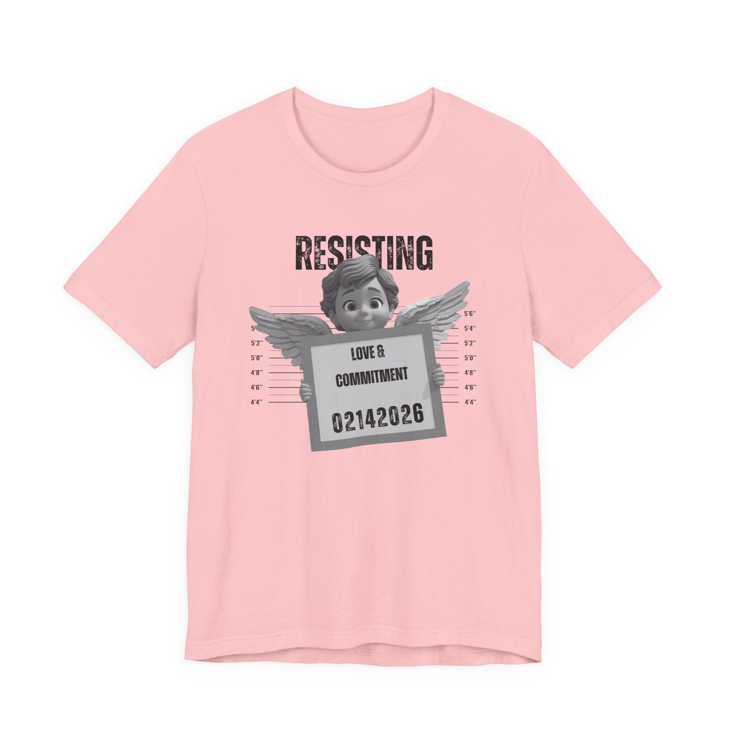 Resisting Love & Commitment Mugshot Tee — Funny Anti-Romance Graphic T-Shirt for Valentines