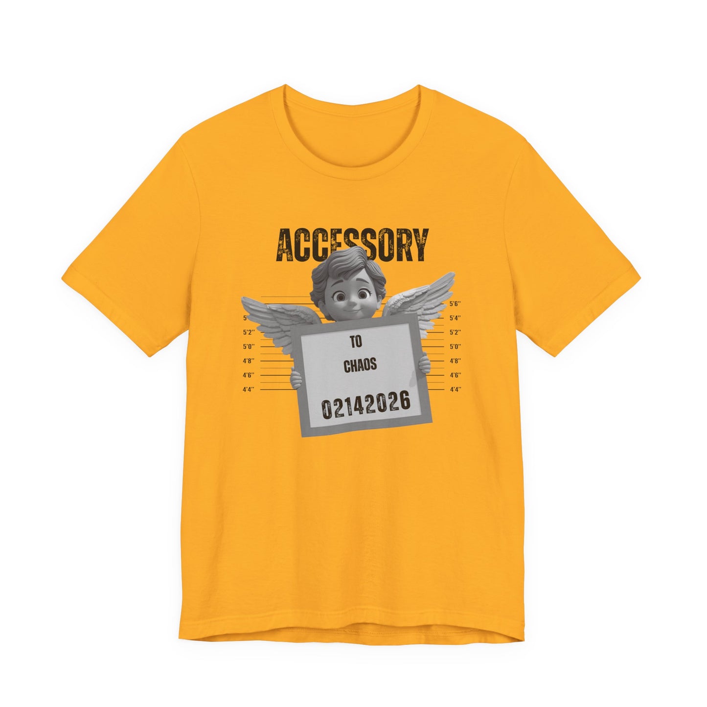 Accessory to Chaos Mugshot Tee — Funny Angel Mugshot Valentines T‑Shirt