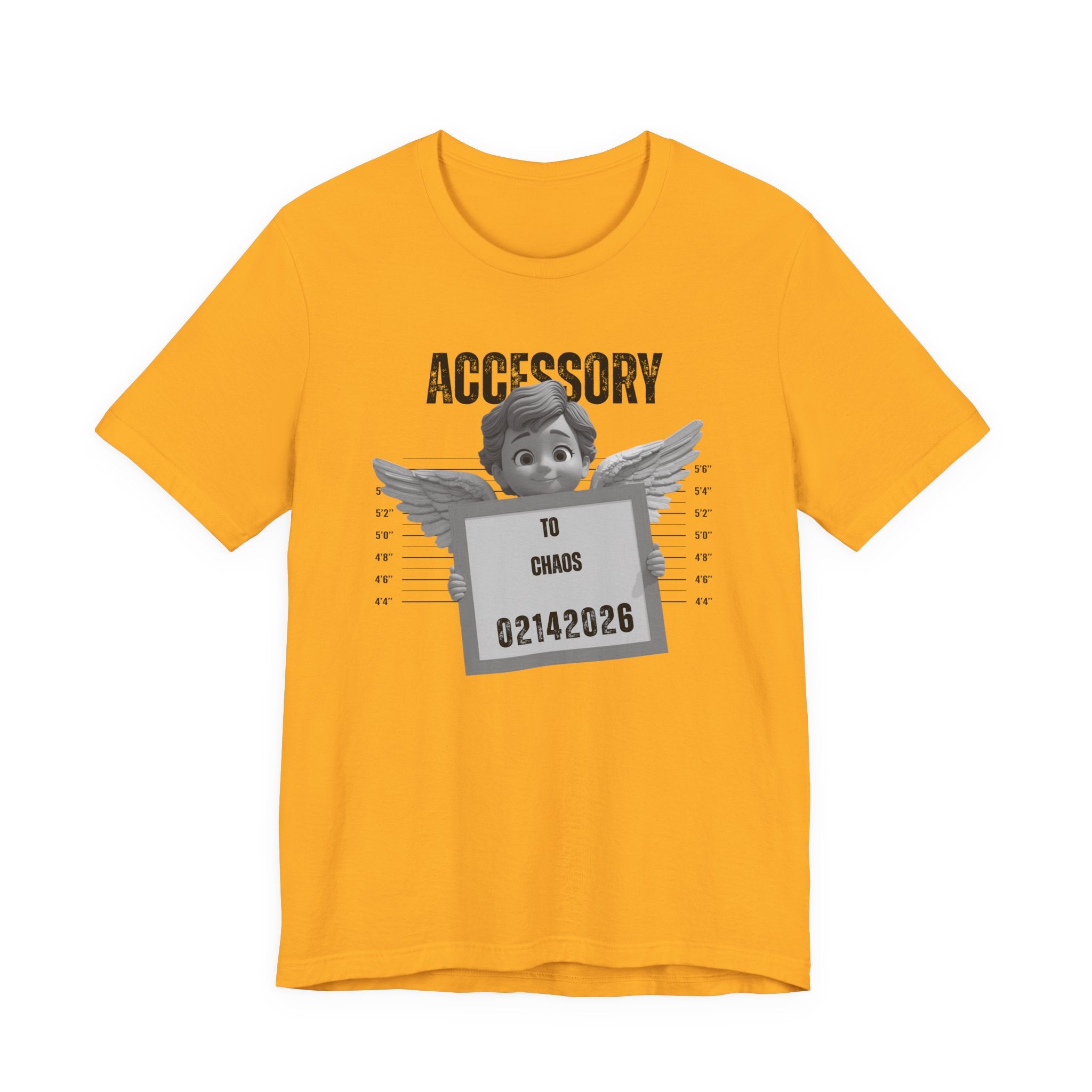 Accessory to Chaos Mugshot Tee — Funny Angel Mugshot Valentines T‑Shirt