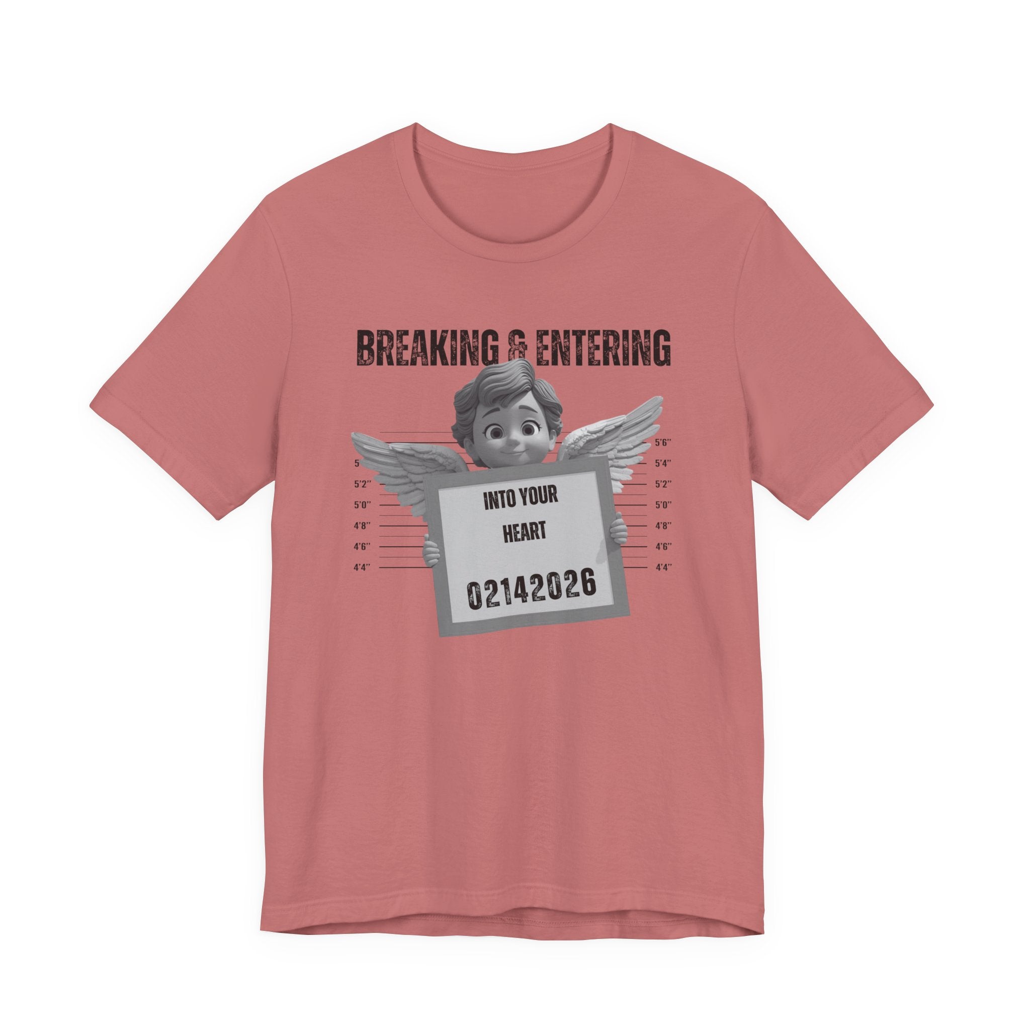 Breaking & Entering Into Your Heart Tee — Cute Cupid Mugshot Graphic Shirt (02/14/2026)