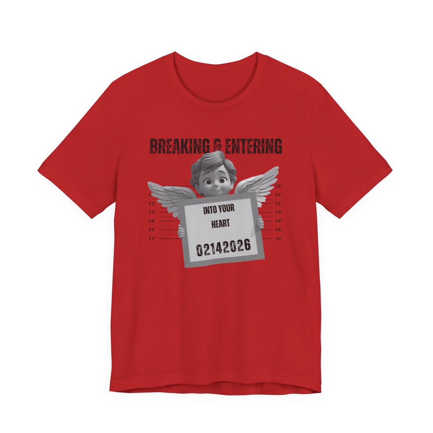 Breaking & Entering Into Your Heart Tee — Cute Cupid Mugshot Graphic Shirt (02/14/2026)