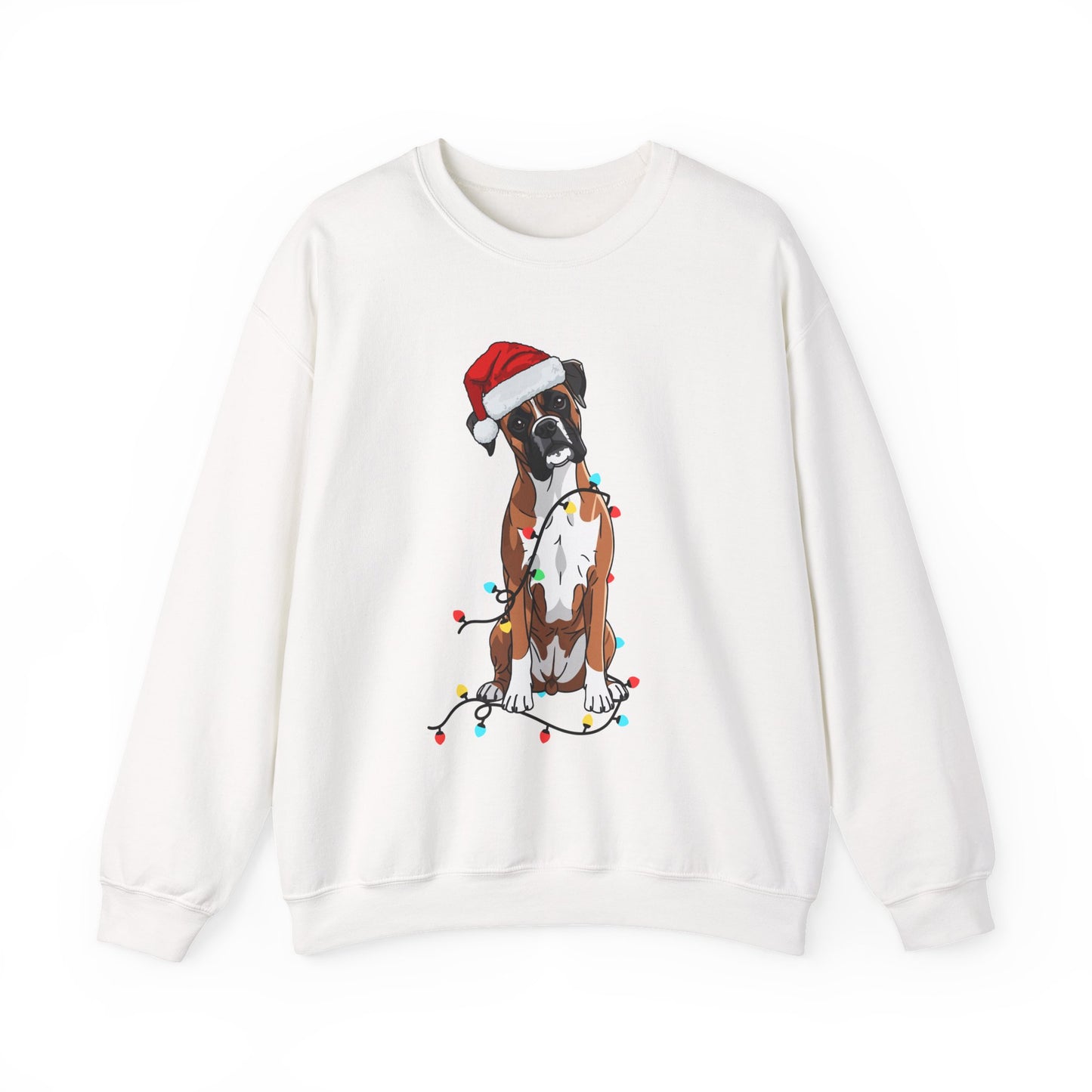 Christmas Boxer Dog Sweatshirt – Cute Santa Hat & Holiday Lights Crewneck
