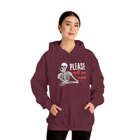 Skeleton Humor Hoodie, Funny Sweatshirt with 'Please Tell Me More' Text, Unisex Hooded Sweatshirt, Halloween Apparel, Gift for Friends