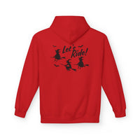 Let's Ride Witches Witchy Broomstick Hoodie, Unisex Midweight Fleece Sweatshirt, Halloween Apparel, Cozy Witch Costume,  Spooky Season