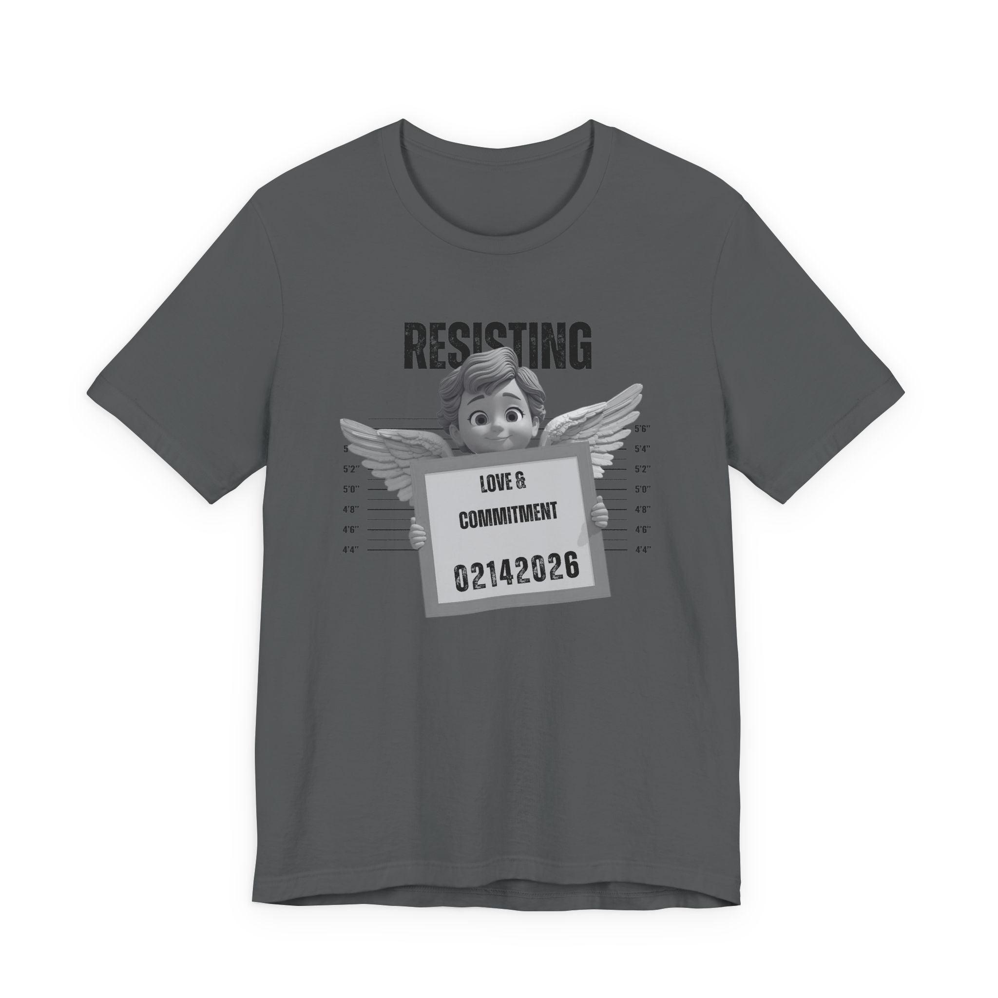 Resisting Love & Commitment Mugshot Tee — Funny Anti-Romance Graphic T-Shirt for Valentines