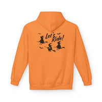 Let's Ride Witches Witchy Broomstick Hoodie, Unisex Midweight Fleece Sweatshirt, Halloween Apparel, Cozy Witch Costume,  Spooky Season