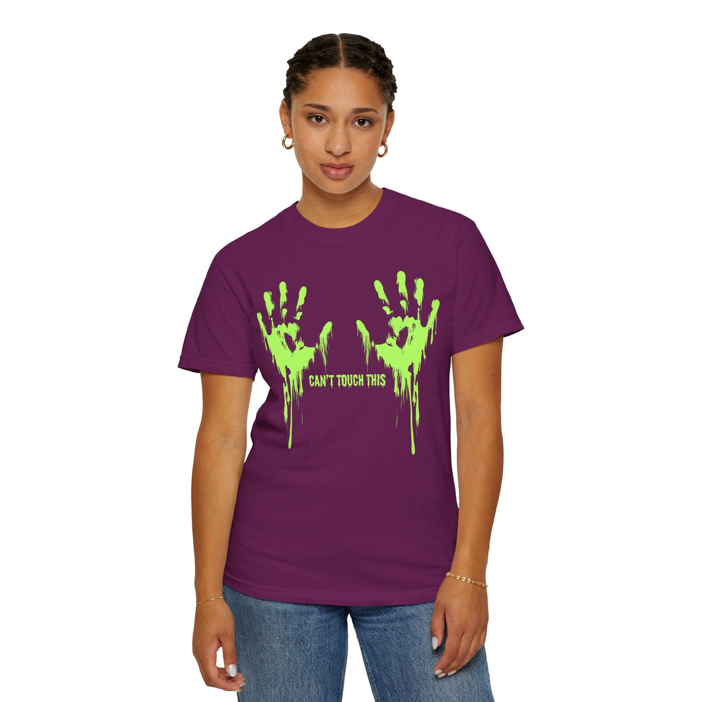 Can't Touch This Tee, Neon Handprint Unisex T-shirt, Halloween Tee, Unique Gift, Graphic Tee for Parties, Casual Wear, Trendy Streetwear