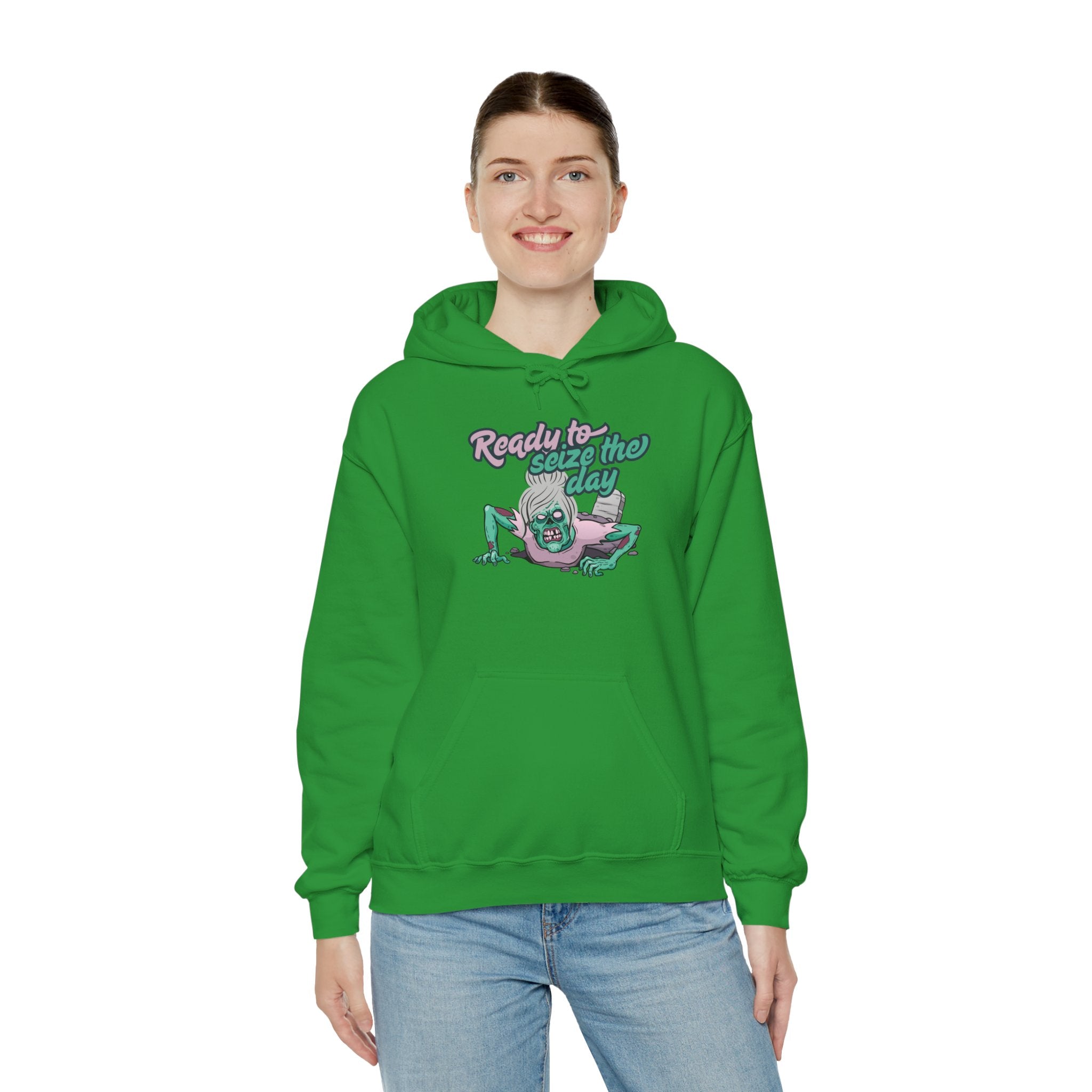 Zombie Vibes Hooded Sweatshirt - Seize the Day, Halloween Gift, Cozy Fall Wear, Unisex Pullover, Casual Comfort