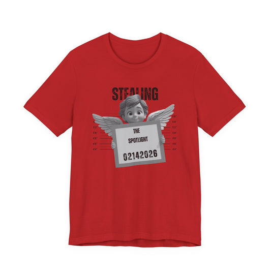 Stealing the Spotlight Mugshot Tee — Cute Angel Mugshot Graphic Valentines T‑Shirt