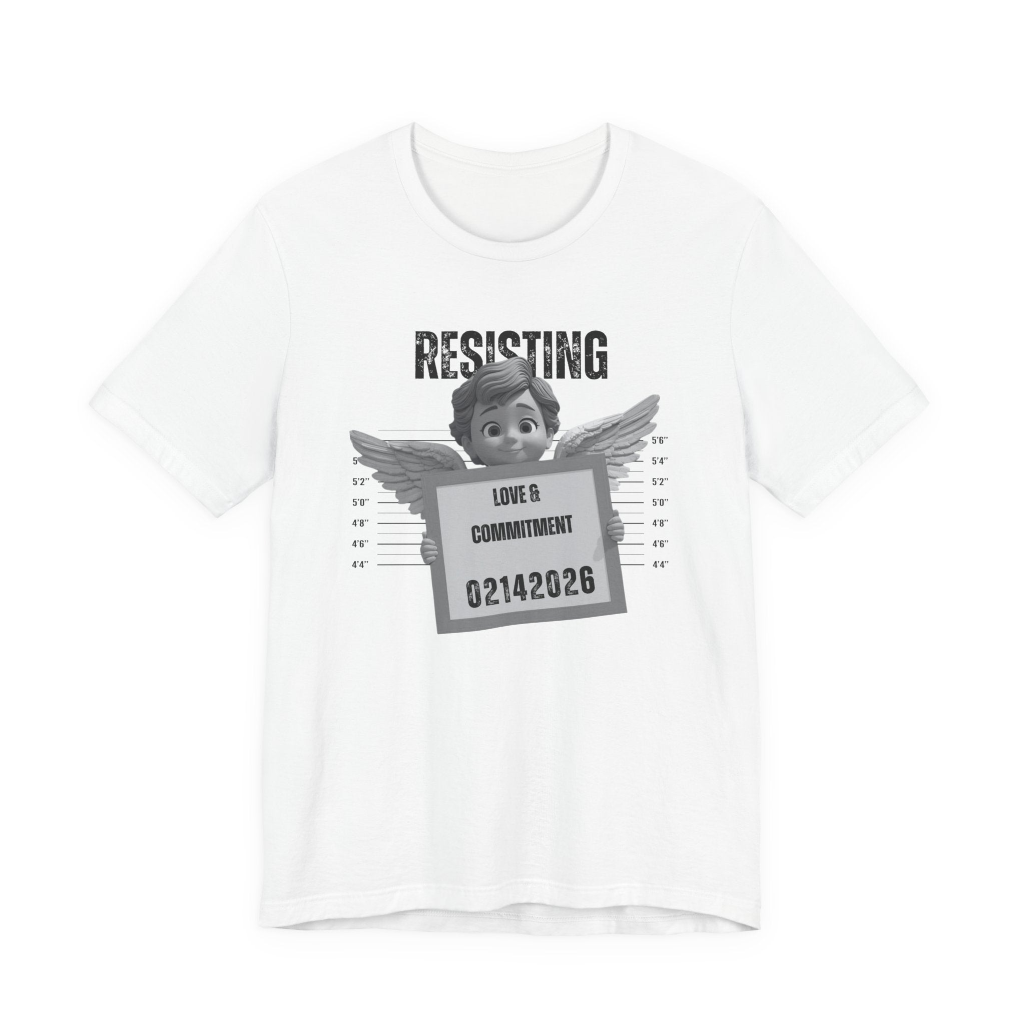Resisting Love & Commitment Mugshot Tee — Funny Anti-Romance Graphic T-Shirt for Valentines