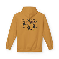 Let's Ride Witches Witchy Broomstick Hoodie, Unisex Midweight Fleece Sweatshirt, Halloween Apparel, Cozy Witch Costume,  Spooky Season
