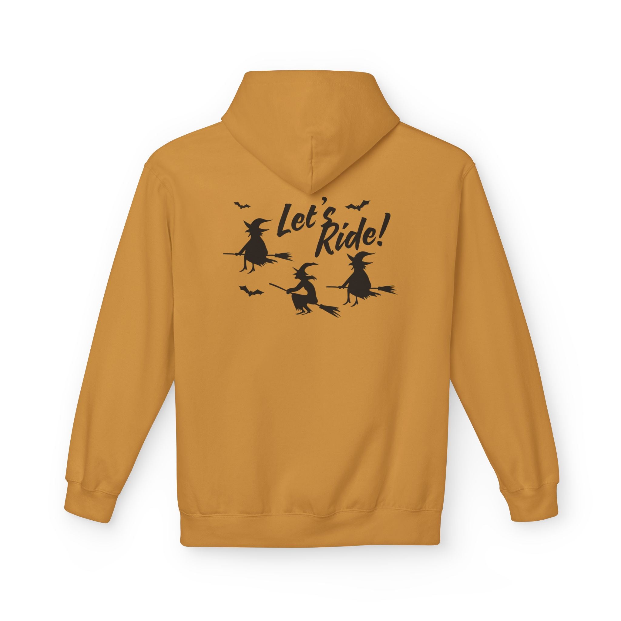 Let's Ride Witches Witchy Broomstick Hoodie, Unisex Midweight Fleece Sweatshirt, Halloween Apparel, Cozy Witch Costume,  Spooky Season