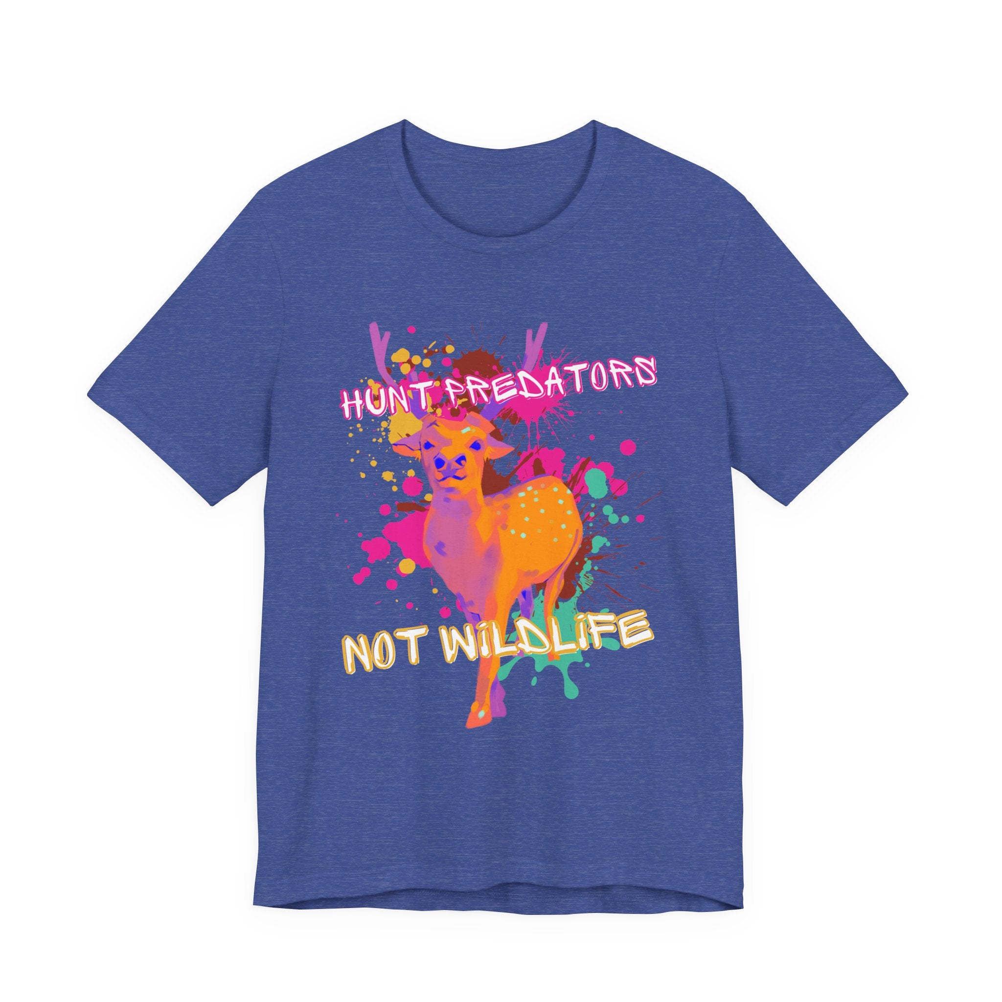 Heather Blue Tee with Colorful wildlife hunt predators