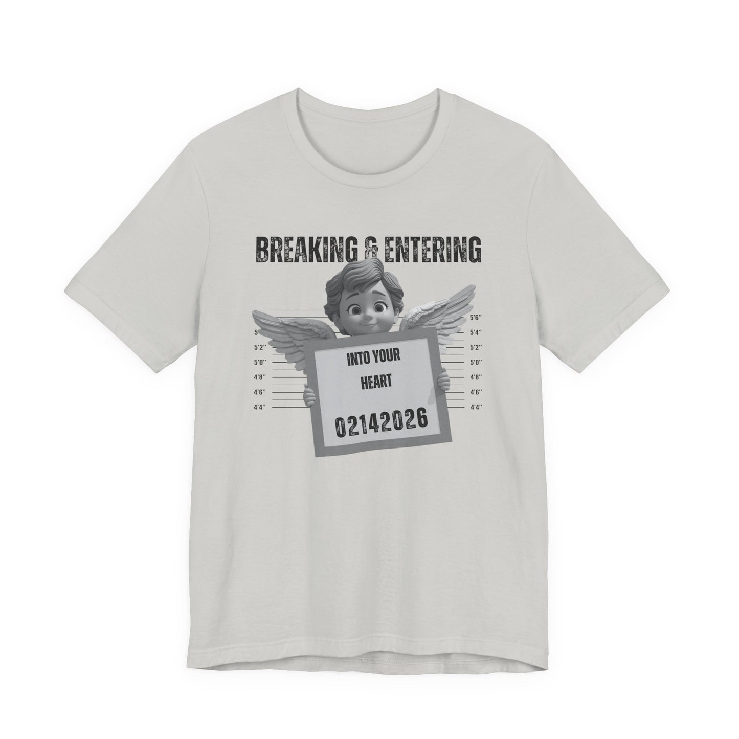 Breaking & Entering Into Your Heart Tee — Cute Cupid Mugshot Graphic Shirt (02/14/2026)