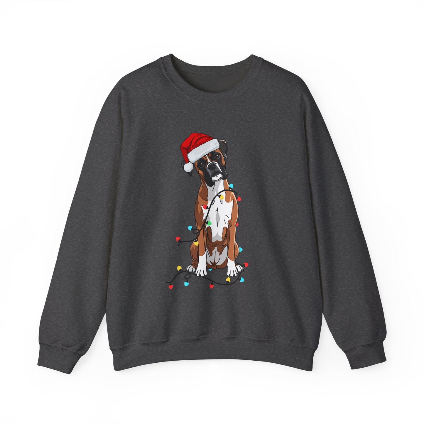 Christmas Boxer Dog Sweatshirt – Cute Santa Hat & Holiday Lights Crewneck
