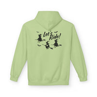 Let's Ride Witches Witchy Broomstick Hoodie, Unisex Midweight Fleece Sweatshirt, Halloween Apparel, Cozy Witch Costume,  Spooky Season