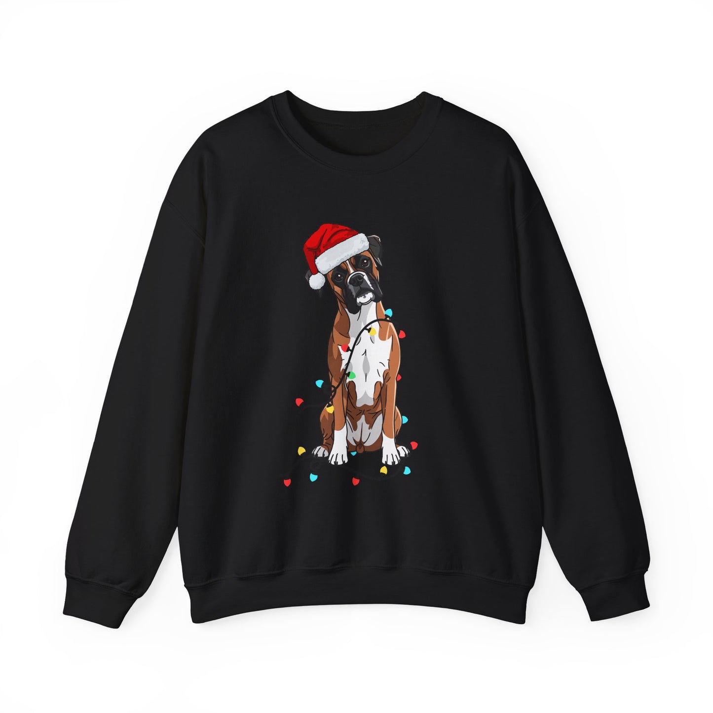Christmas Boxer Dog Sweatshirt – Cute Santa Hat & Holiday Lights Crewneck