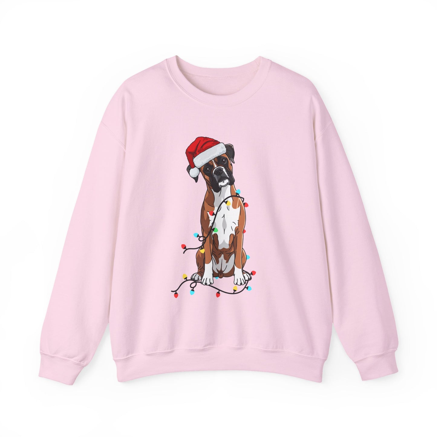 Christmas Boxer Dog Sweatshirt – Cute Santa Hat & Holiday Lights Crewneck