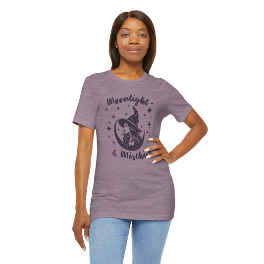 Moonlight & Mischief Witchy Tee - Unisex Short Sleeve Shirt for Halloween, Gifts for Her, Witchy Vibes, Casual Wear, Cozy Style