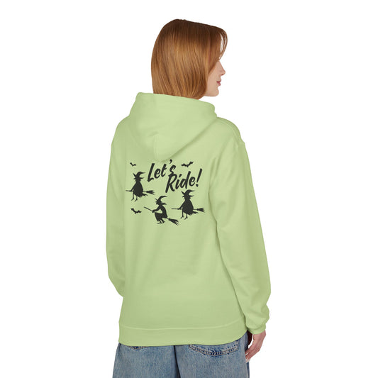 Let's Ride Witches Witchy Broomstick Hoodie, Unisex Midweight Fleece Sweatshirt, Halloween Apparel, Cozy Witch Costume,  Spooky Season