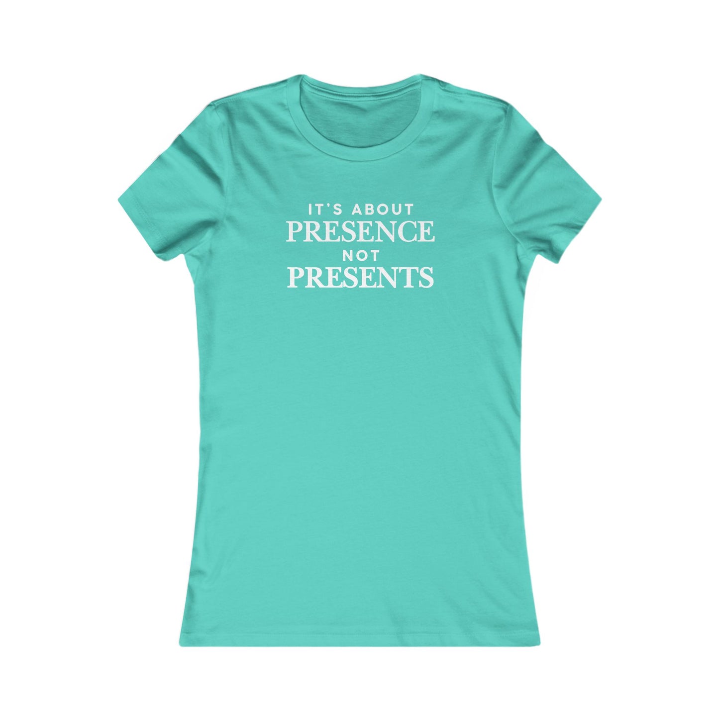 T-Shirt — "It's About Presence Not Presents" Women's Graphic Tee, Minimalist Holiday Family Shirt