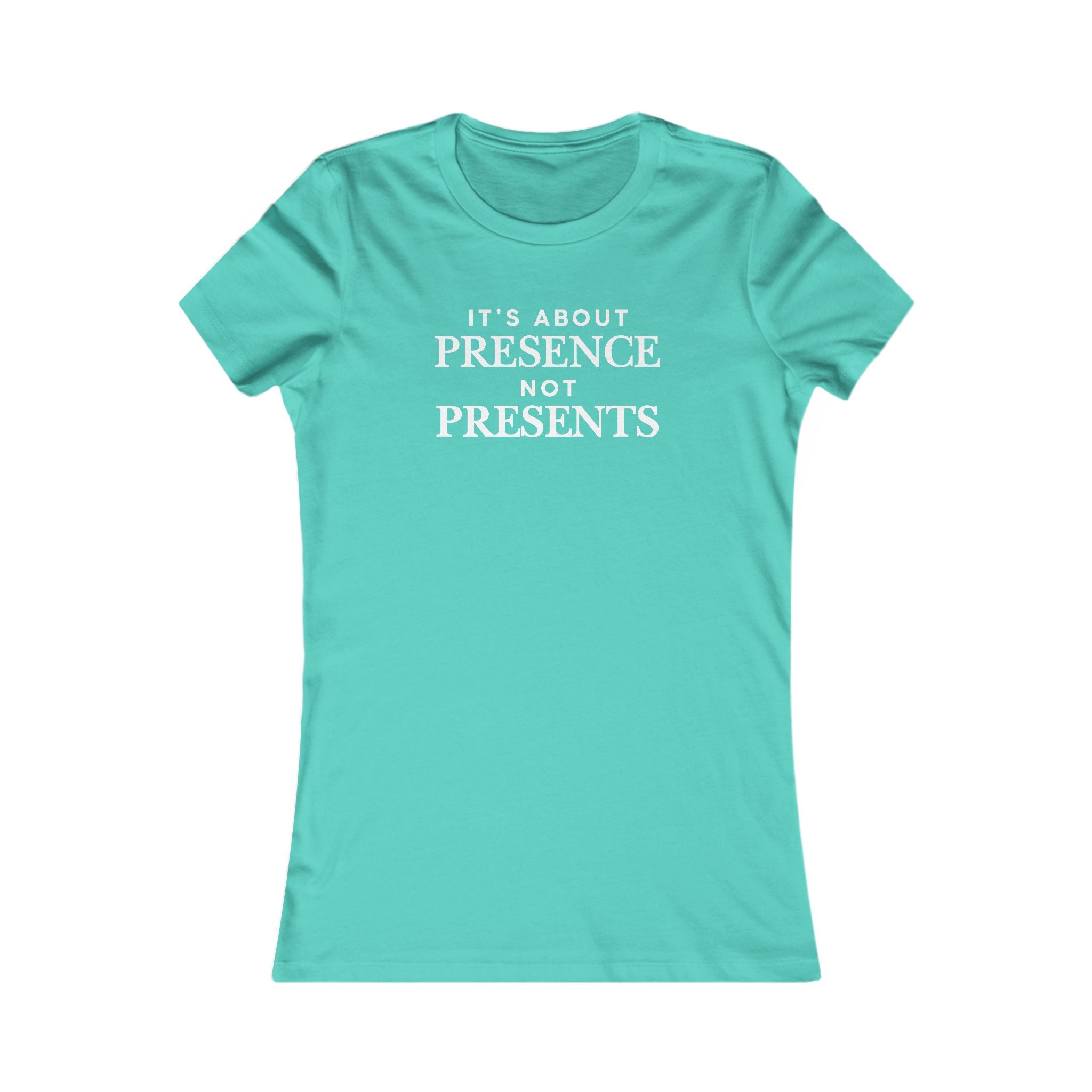 T-Shirt — "It's About Presence Not Presents" Women's Graphic Tee, Minimalist Holiday Family Shirt