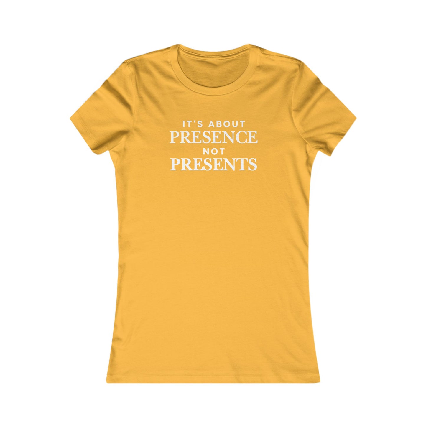 T-Shirt — "It's About Presence Not Presents" Women's Graphic Tee, Minimalist Holiday Family Shirt