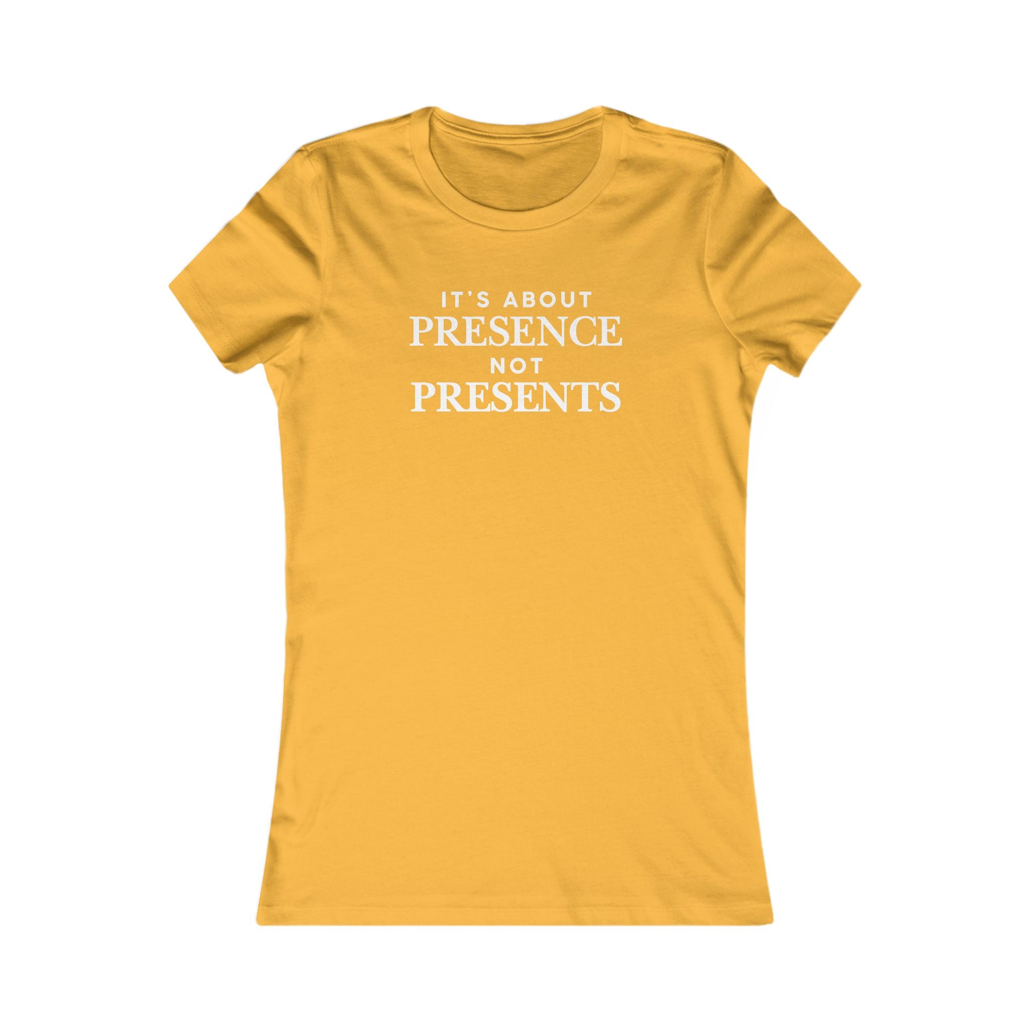 T-Shirt — "It's About Presence Not Presents" Women's Graphic Tee, Minimalist Holiday Family Shirt