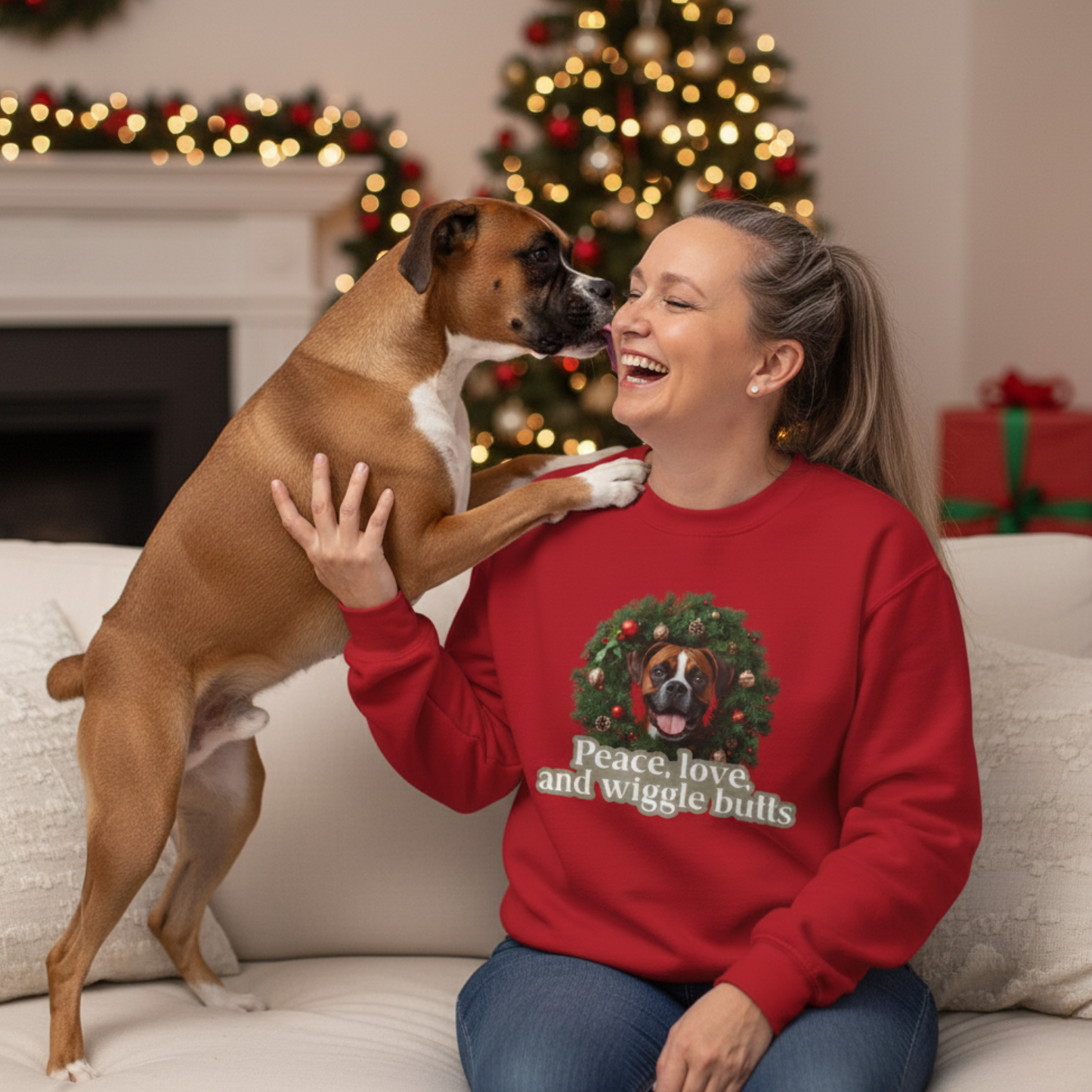 Crewneck Sweatshirt — Holiday Boxer Dog Wreath "Peace, love and wiggle butts"