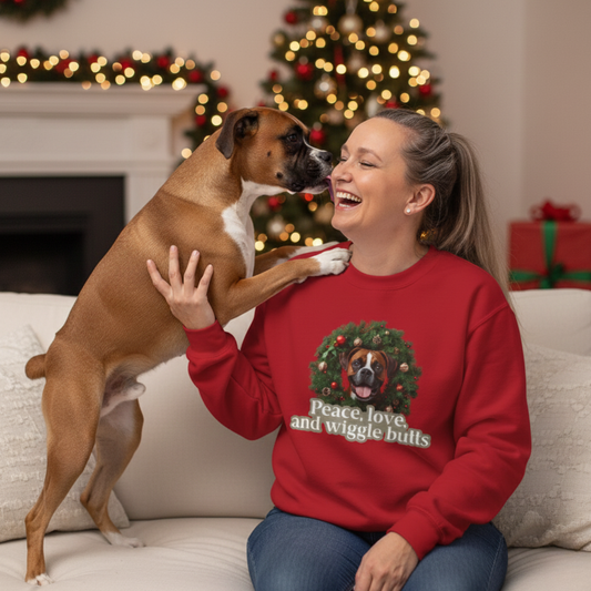 Crewneck Sweatshirt — Holiday Boxer Dog Wreath "Peace, love and wiggle butts"
