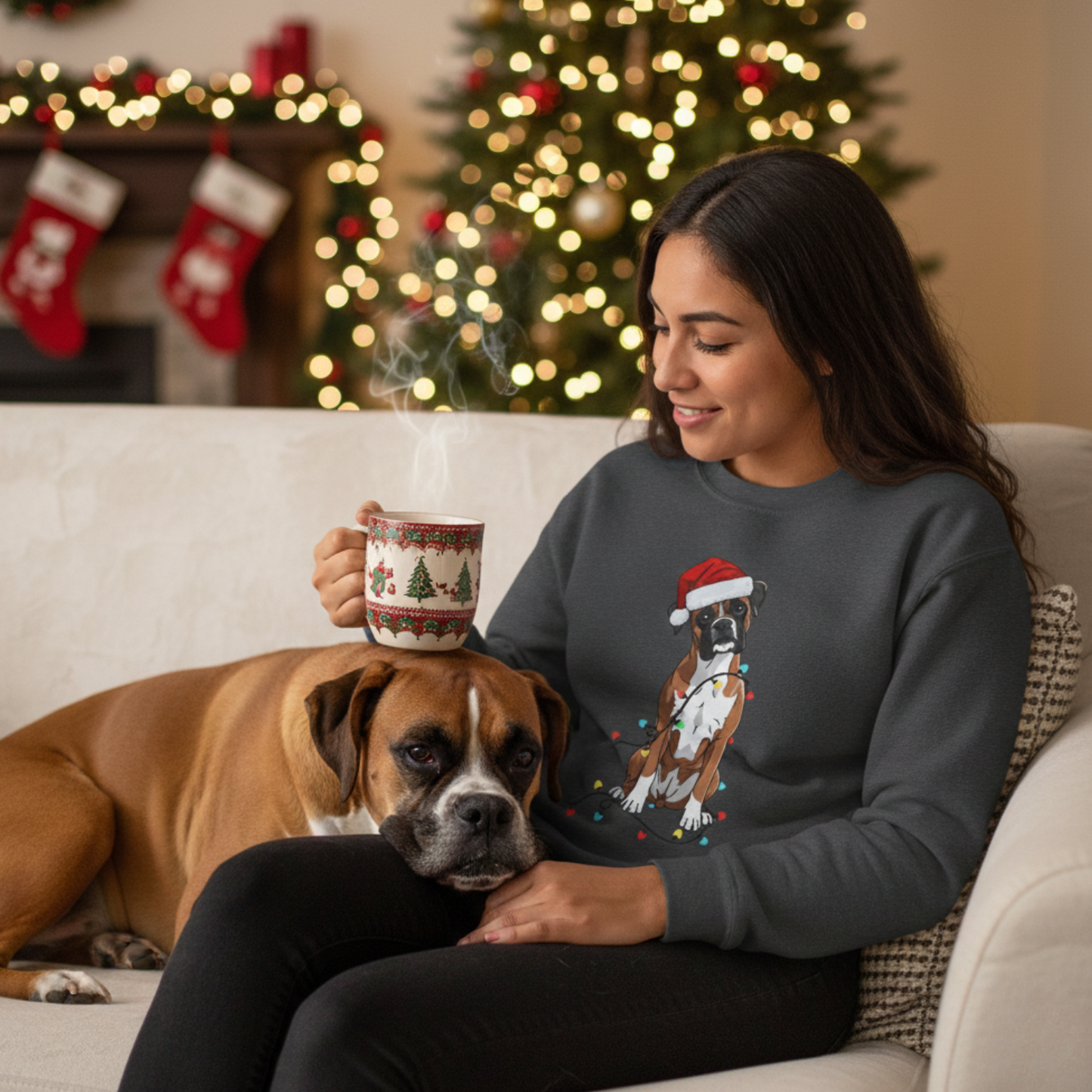 Christmas Boxer Dog Sweatshirt – Cute Santa Hat & Holiday Lights Crewneck