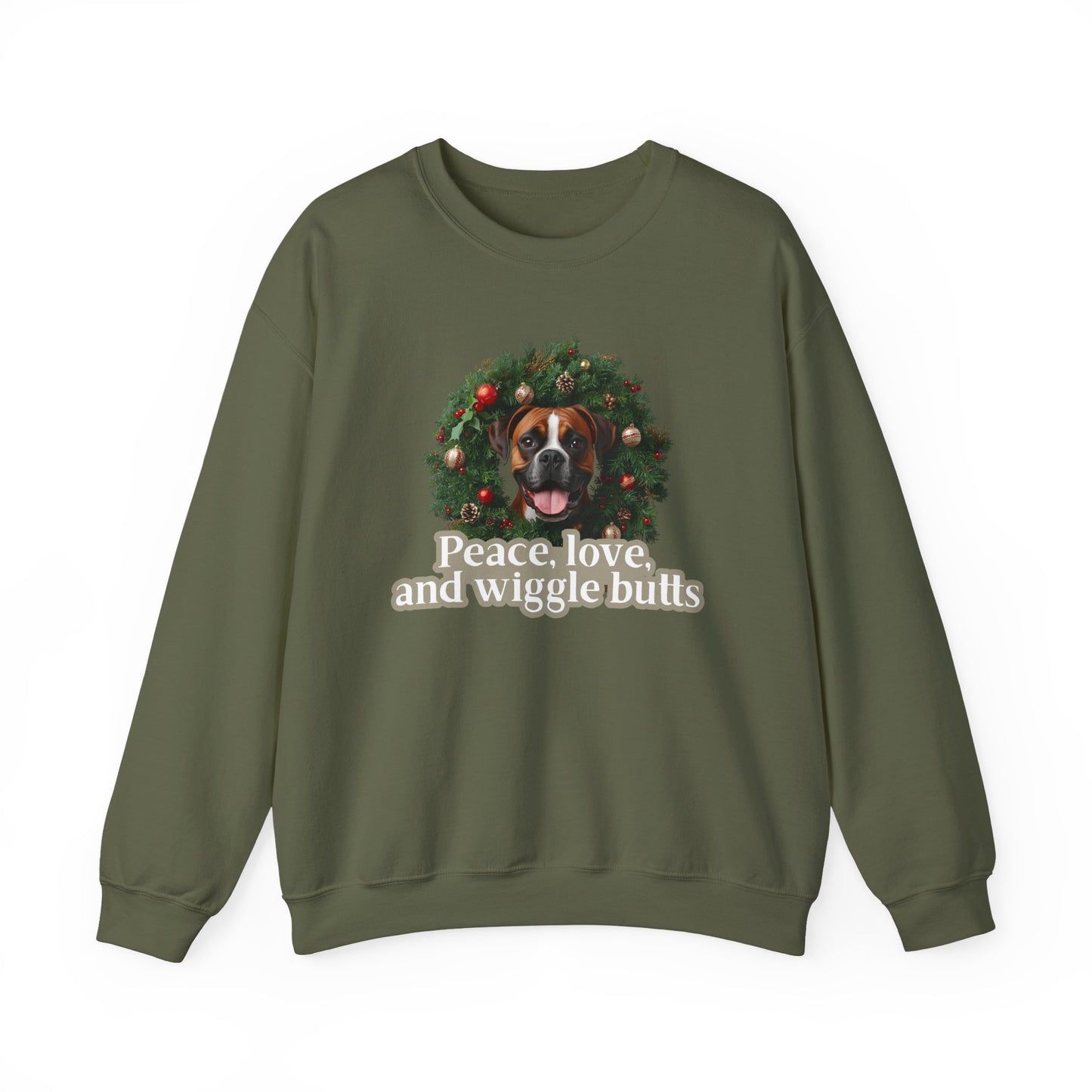 Crewneck Sweatshirt — Holiday Boxer Dog Wreath "Peace, love and wiggle butts"
