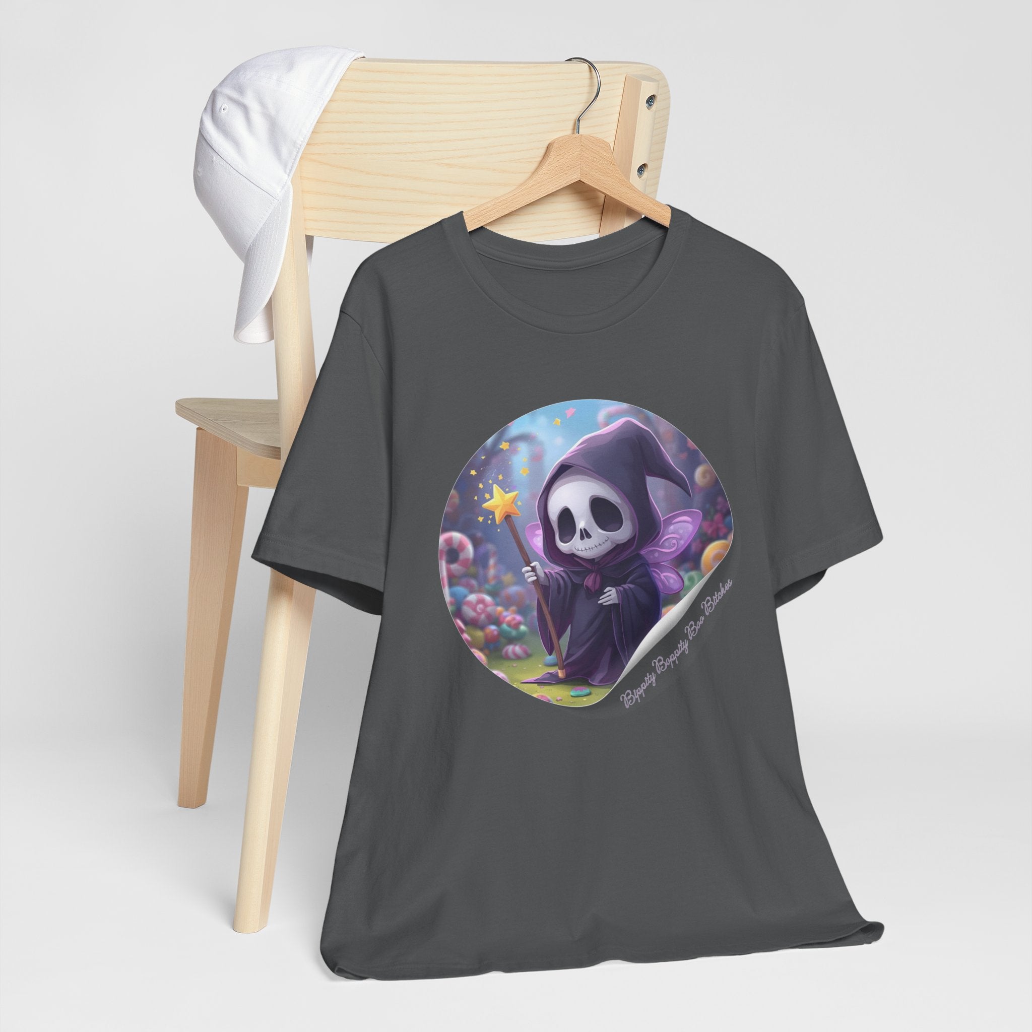 Boppity Boo Cute Grim Reaper Tee, Soft Unisex Jersey T-Shirt, Fun Halloween Shirt, Goth Aesthetic Apparel