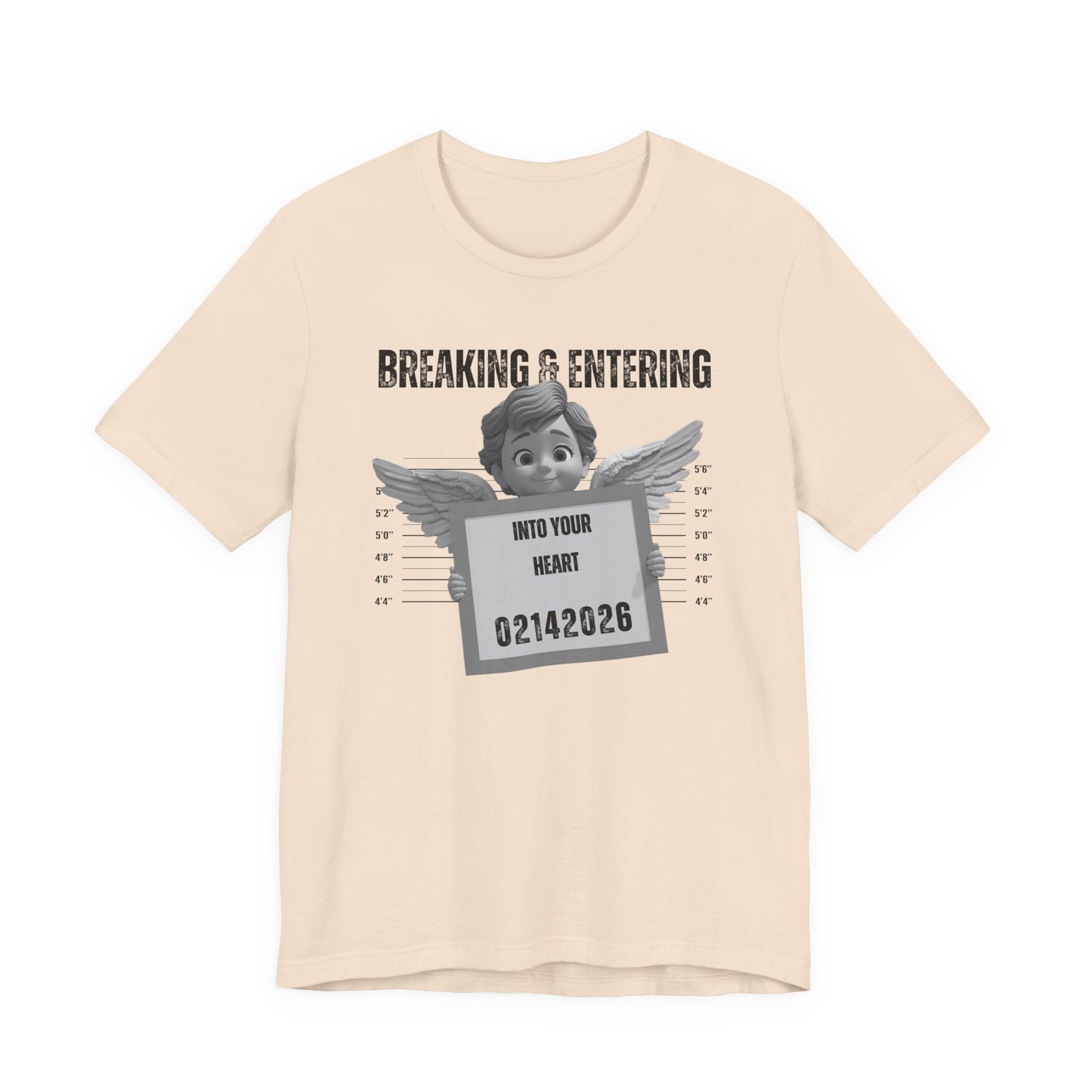 Breaking & Entering Into Your Heart Tee — Cute Cupid Mugshot Graphic Shirt (02/14/2026)