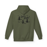 Let's Ride Witches Witchy Broomstick Hoodie, Unisex Midweight Fleece Sweatshirt, Halloween Apparel, Cozy Witch Costume,  Spooky Season