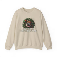 Crewneck Sweatshirt — Holiday Boxer Dog Wreath "Peace, love and wiggle butts"