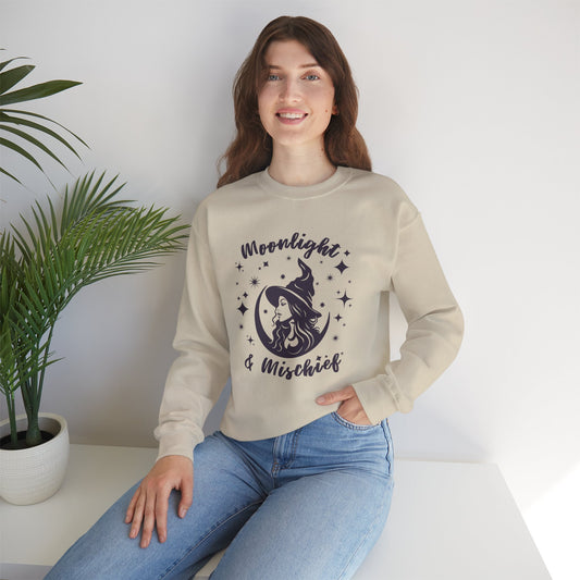 Moonlight & Mischief Crewneck Sweatshirt, Cozy Witchy Sweatshirt, Unisex Halloween Apparel, Fall Fashion, Gift for Her