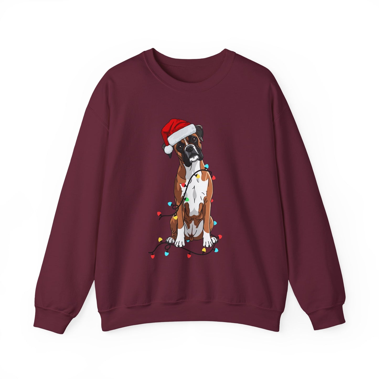 Christmas Boxer Dog Sweatshirt – Cute Santa Hat & Holiday Lights Crewneck