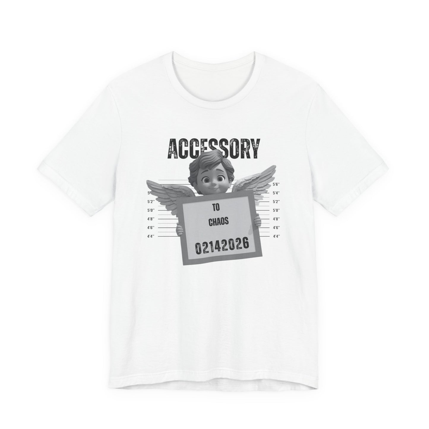 Accessory to Chaos Mugshot Tee — Funny Angel Mugshot Valentines T‑Shirt