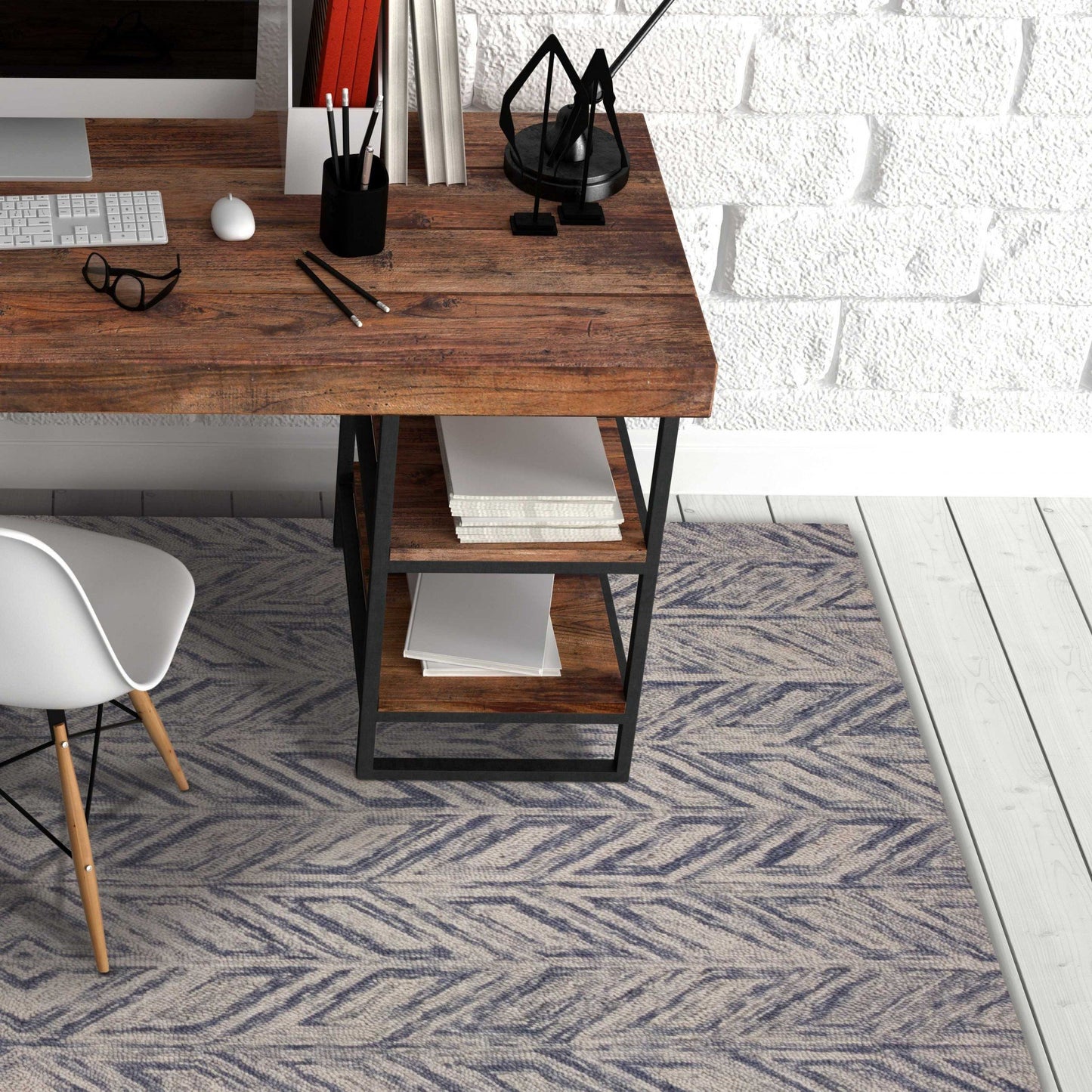 5inchesx7inches Blue Hand Tufted Wool Herringbone Indoor Area Rug
