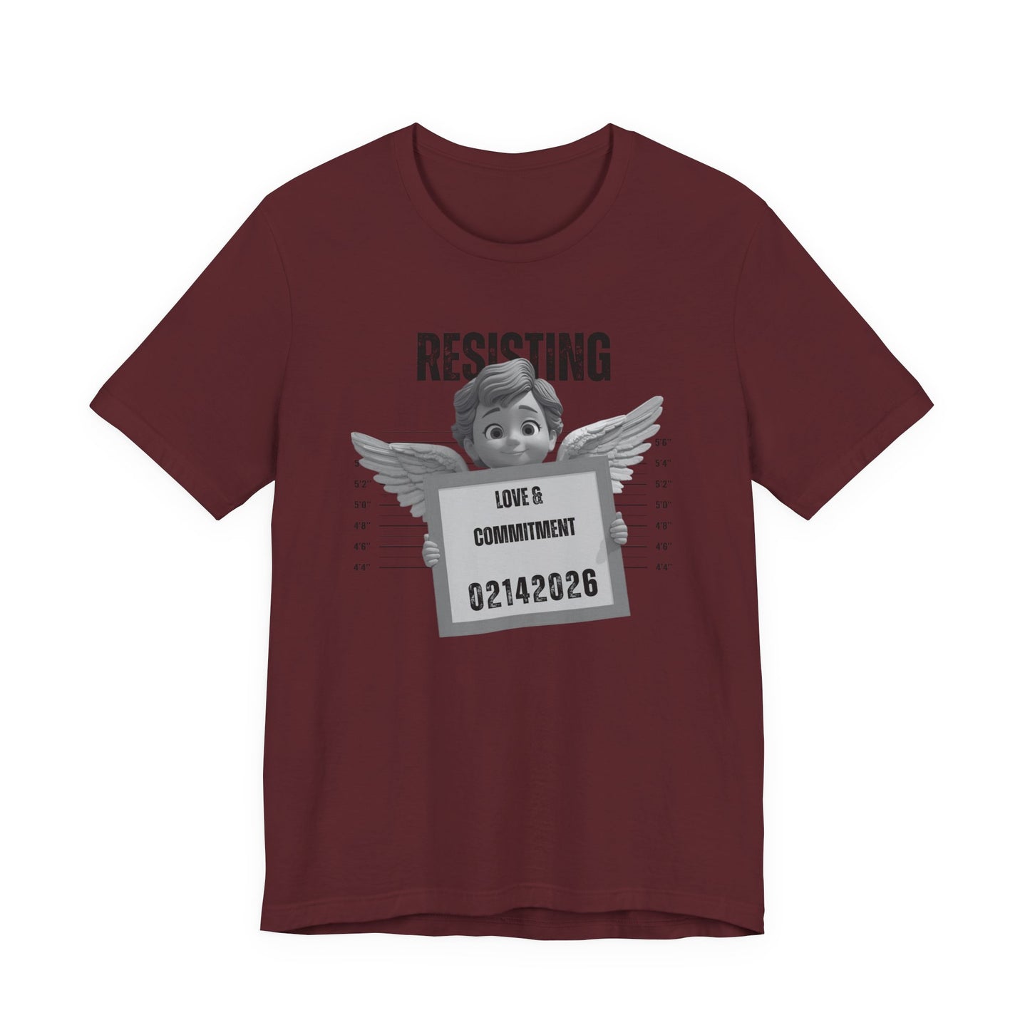 Resisting Love & Commitment Mugshot Tee — Funny Anti-Romance Graphic T-Shirt for Valentines