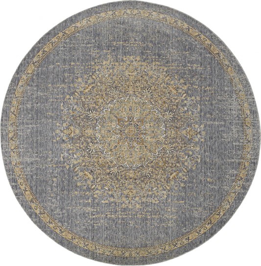 3inches x 5inches Slate Grey Medallion Bordered Wool Indoor Area Rug