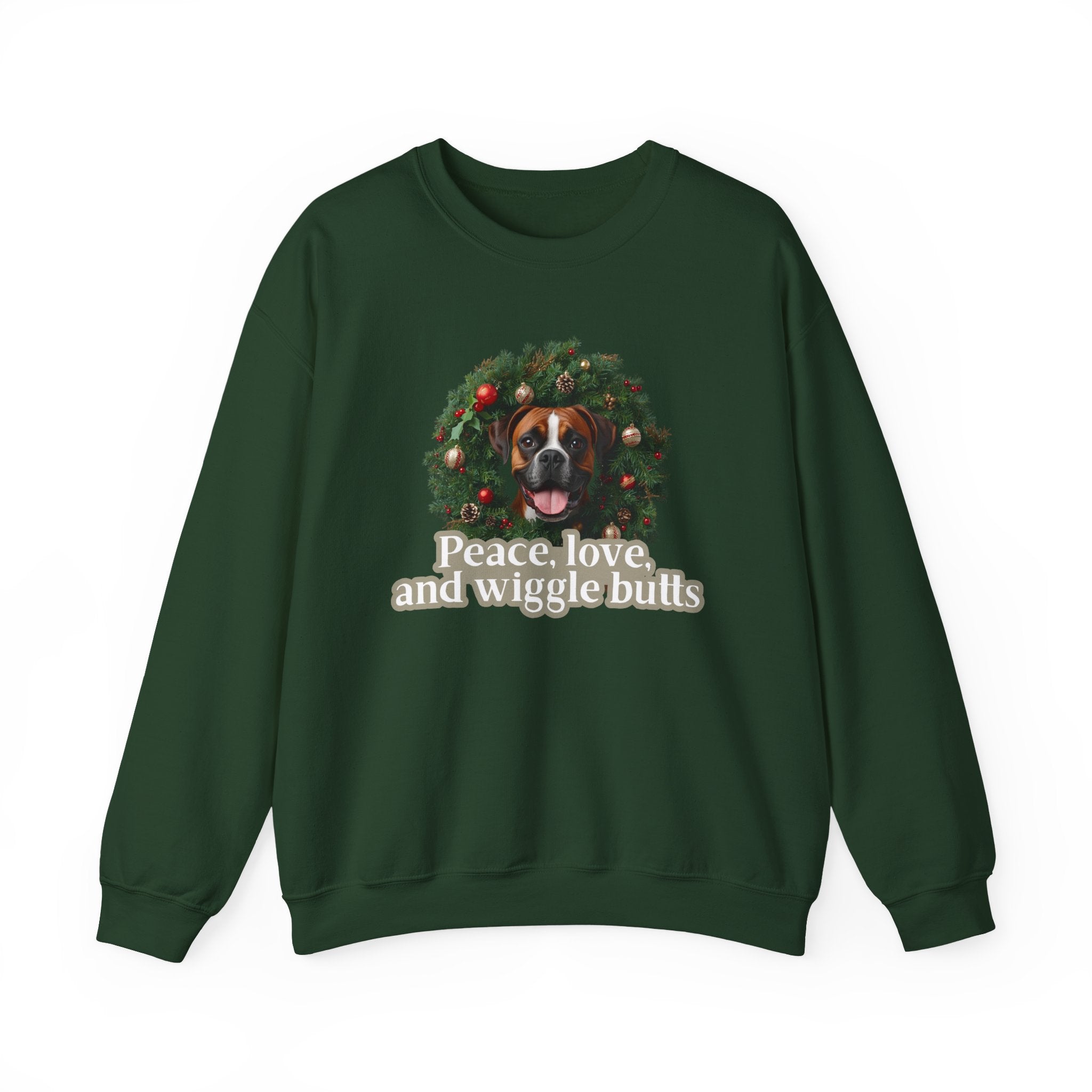 Crewneck Sweatshirt — Holiday Boxer Dog Wreath "Peace, love and wiggle butts"