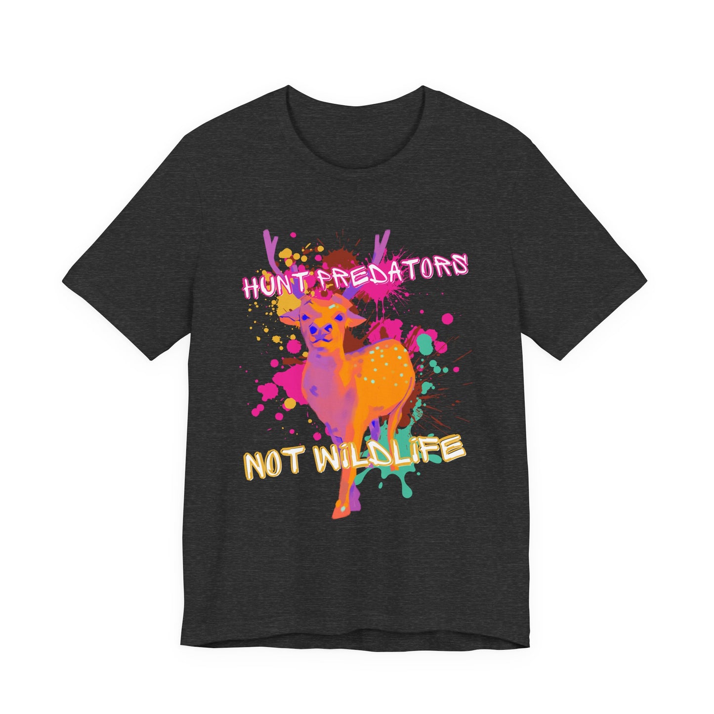 Heather Charcoal Tee with Colorful wildlife hunt predators