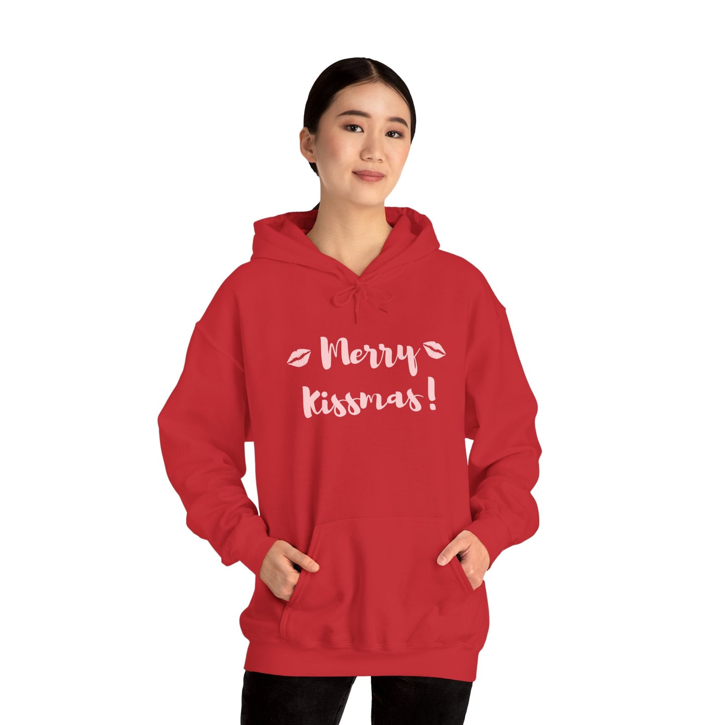 Merry Kisses Hoodie — Cute Pink Lip Print Holiday Sweatshirt