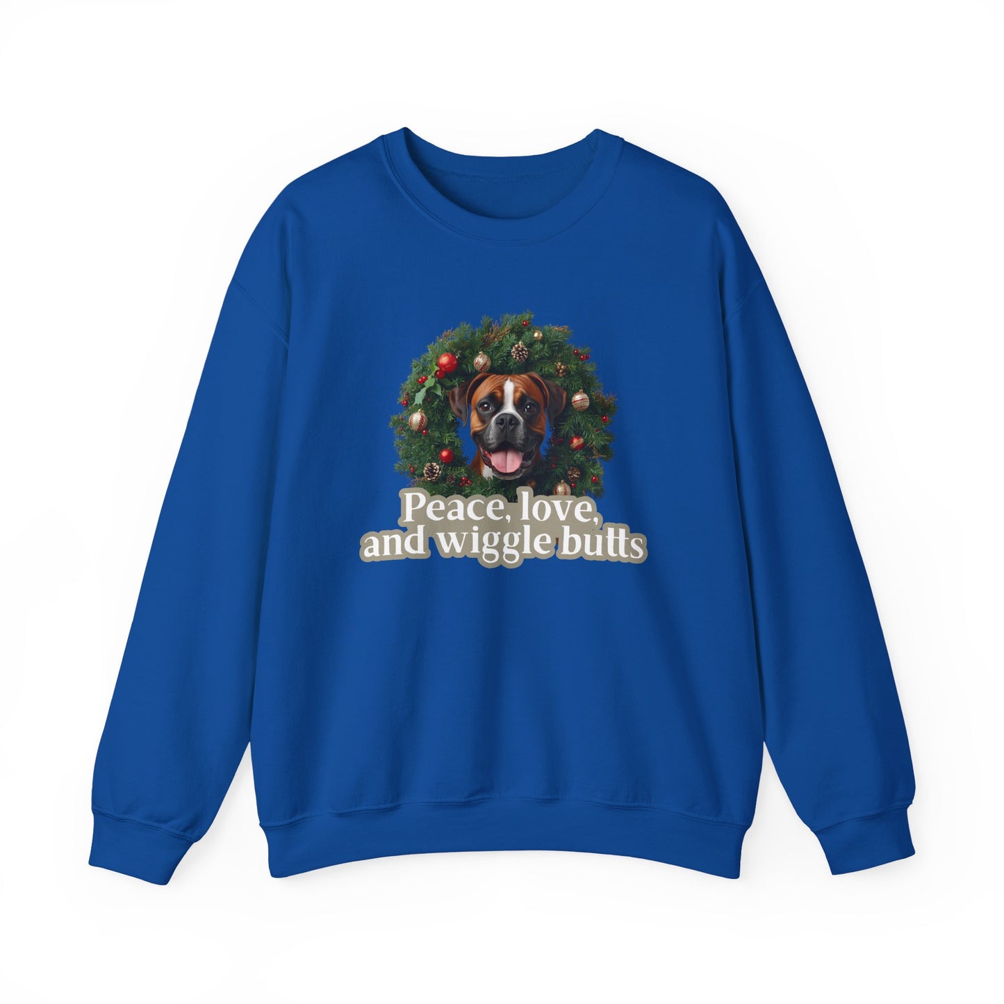 Crewneck Sweatshirt — Holiday Boxer Dog Wreath "Peace, love and wiggle butts"