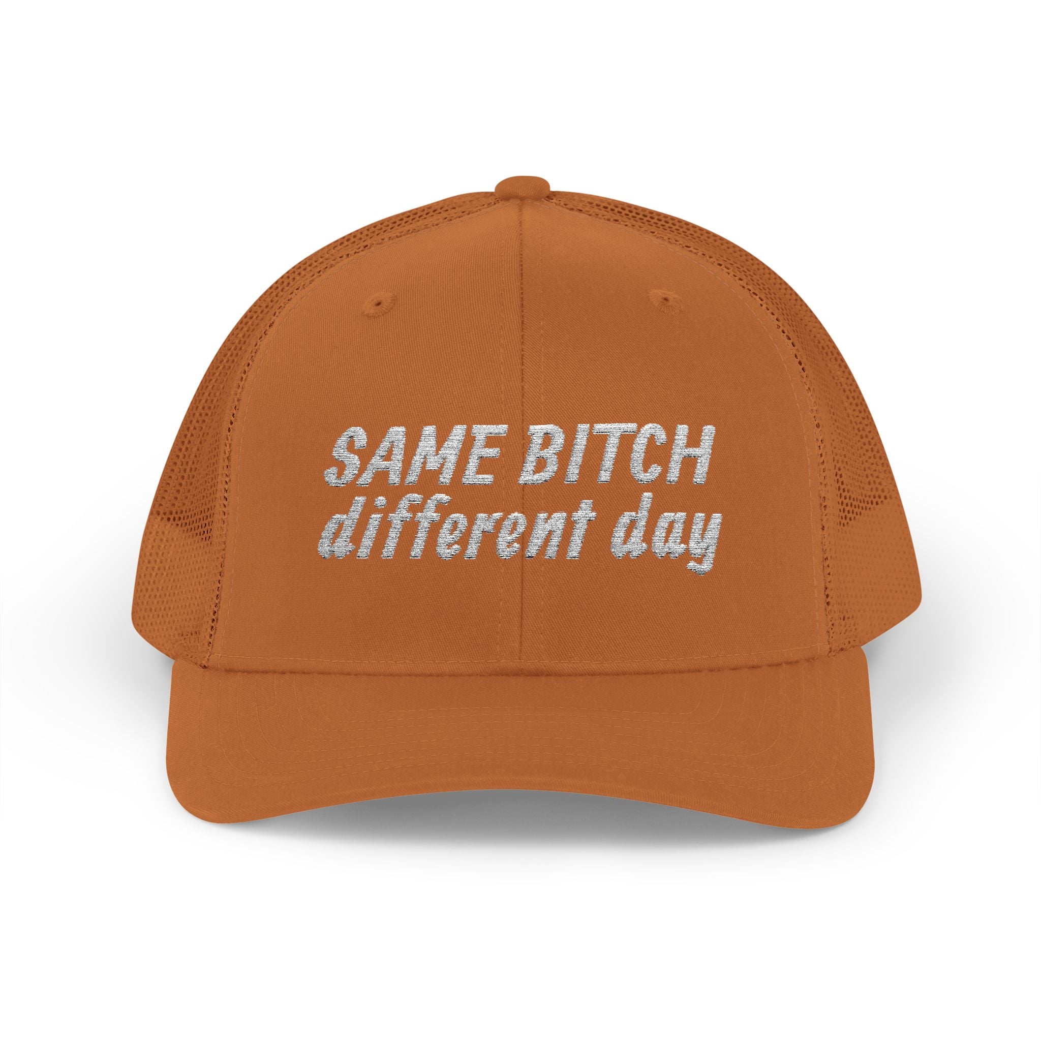 Snapback Trucker Cap — "Same Bitch Different Day" Embroidered Mesh Hat
