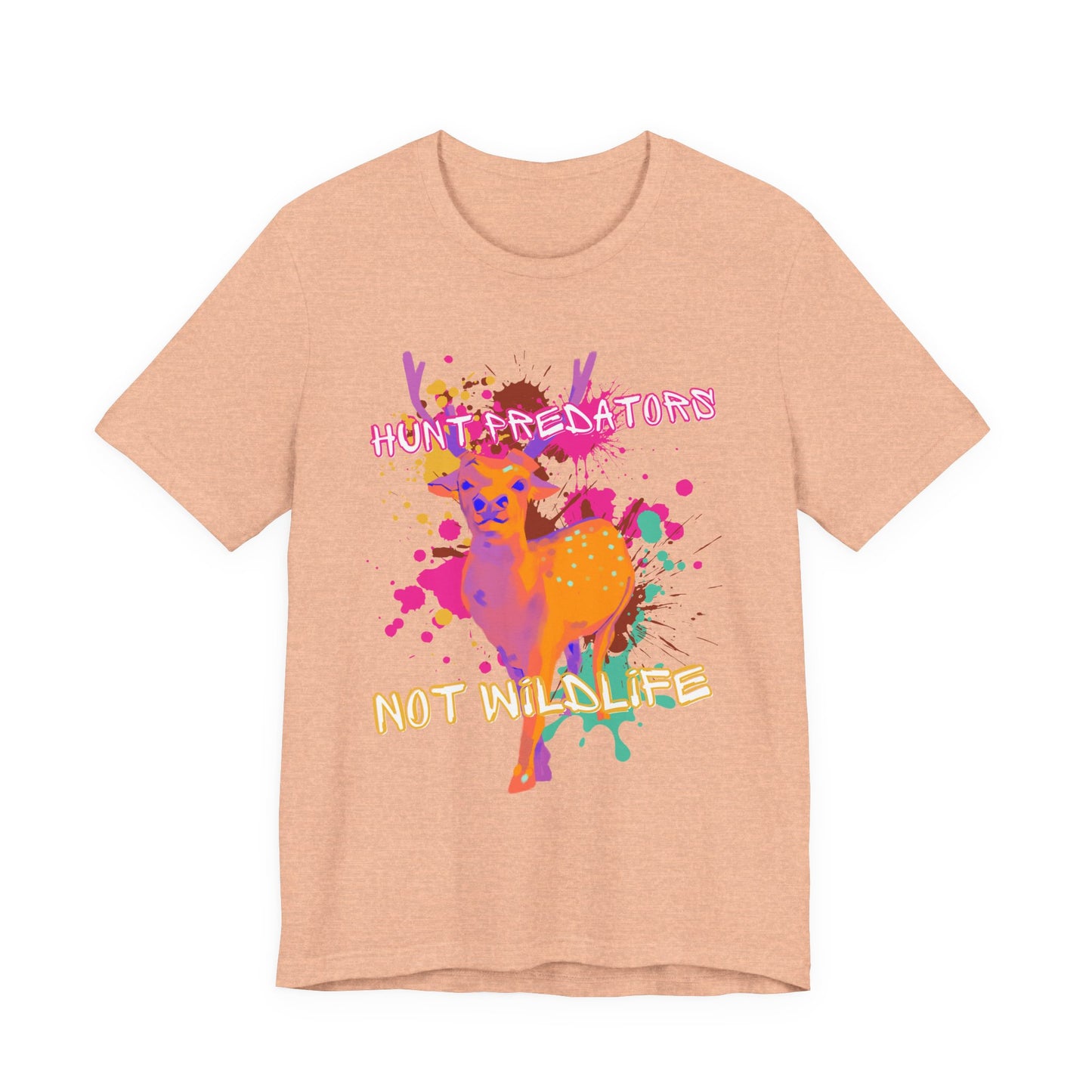 Heather Peach Tee with Colorful wildlife hunt predators