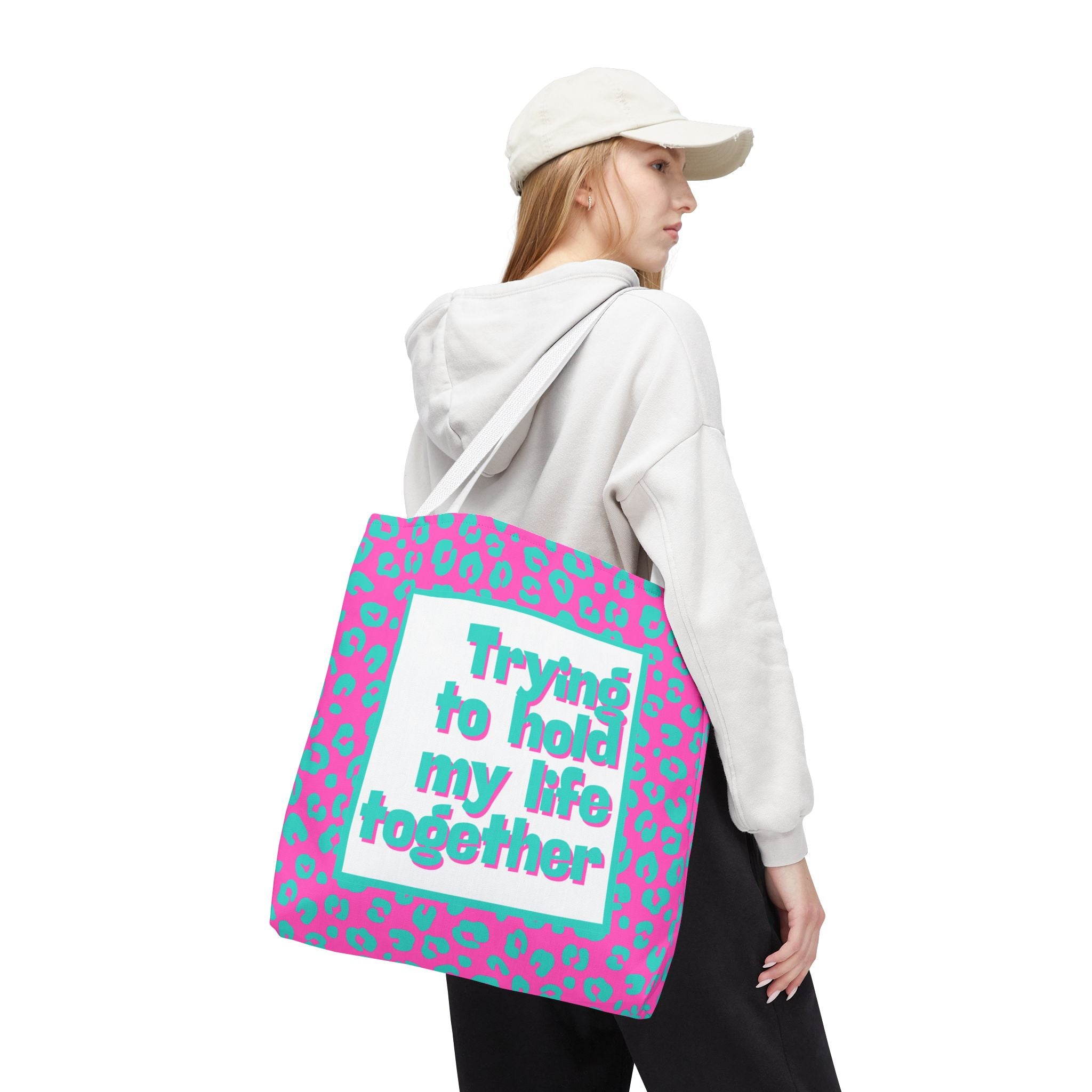 Trying to Hold My Life Together Tote Bag — Pink Teal Leopard Print Canvas Tote